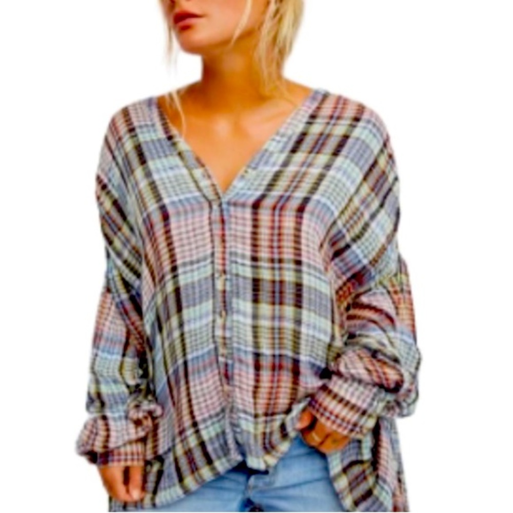Free People Come On Over Multicolor Plaid Flannel Oversized Boho Top Size M